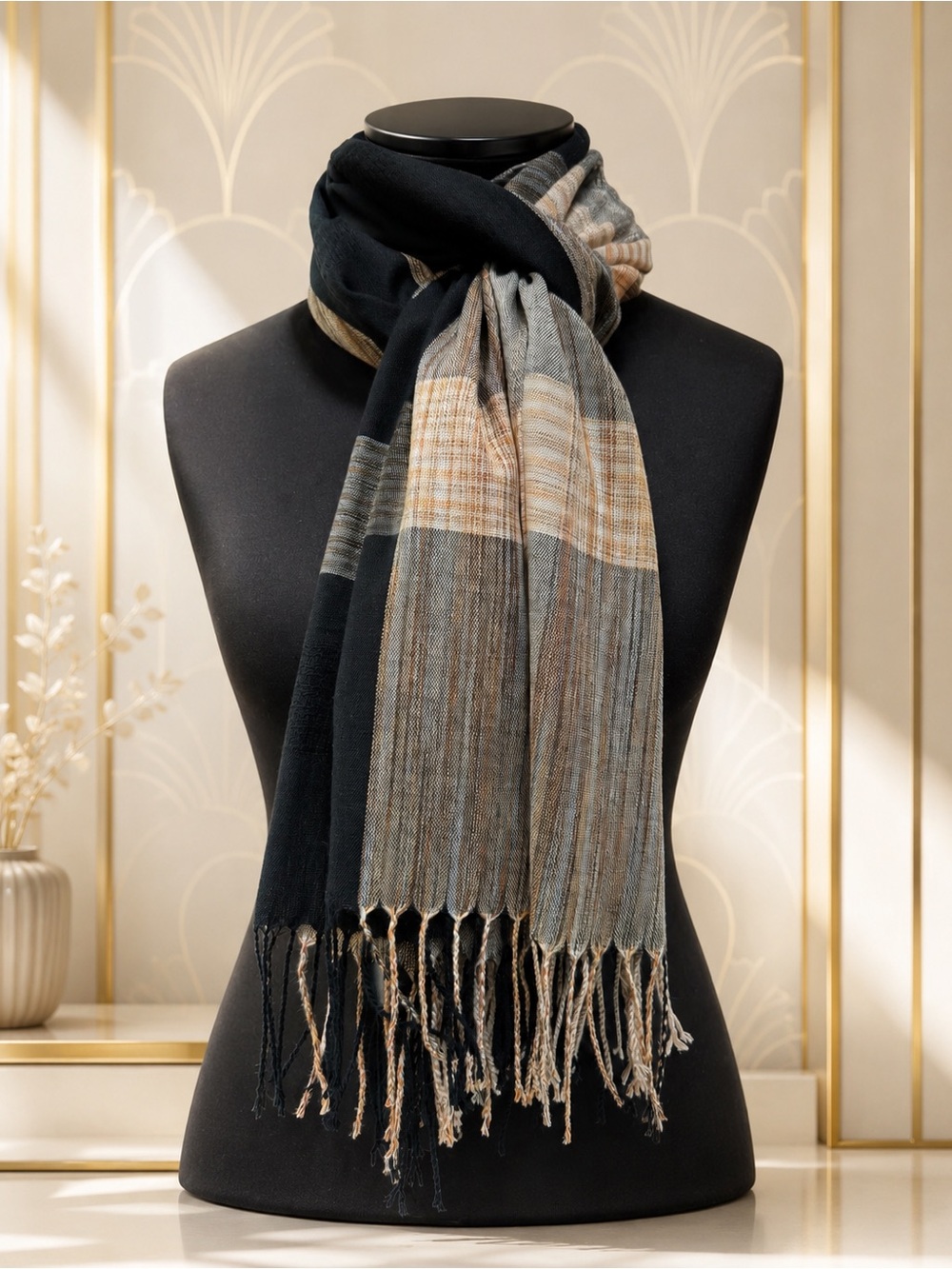 🆕Black & Neutral Plaid Fringe Scarf - Women's Accessory